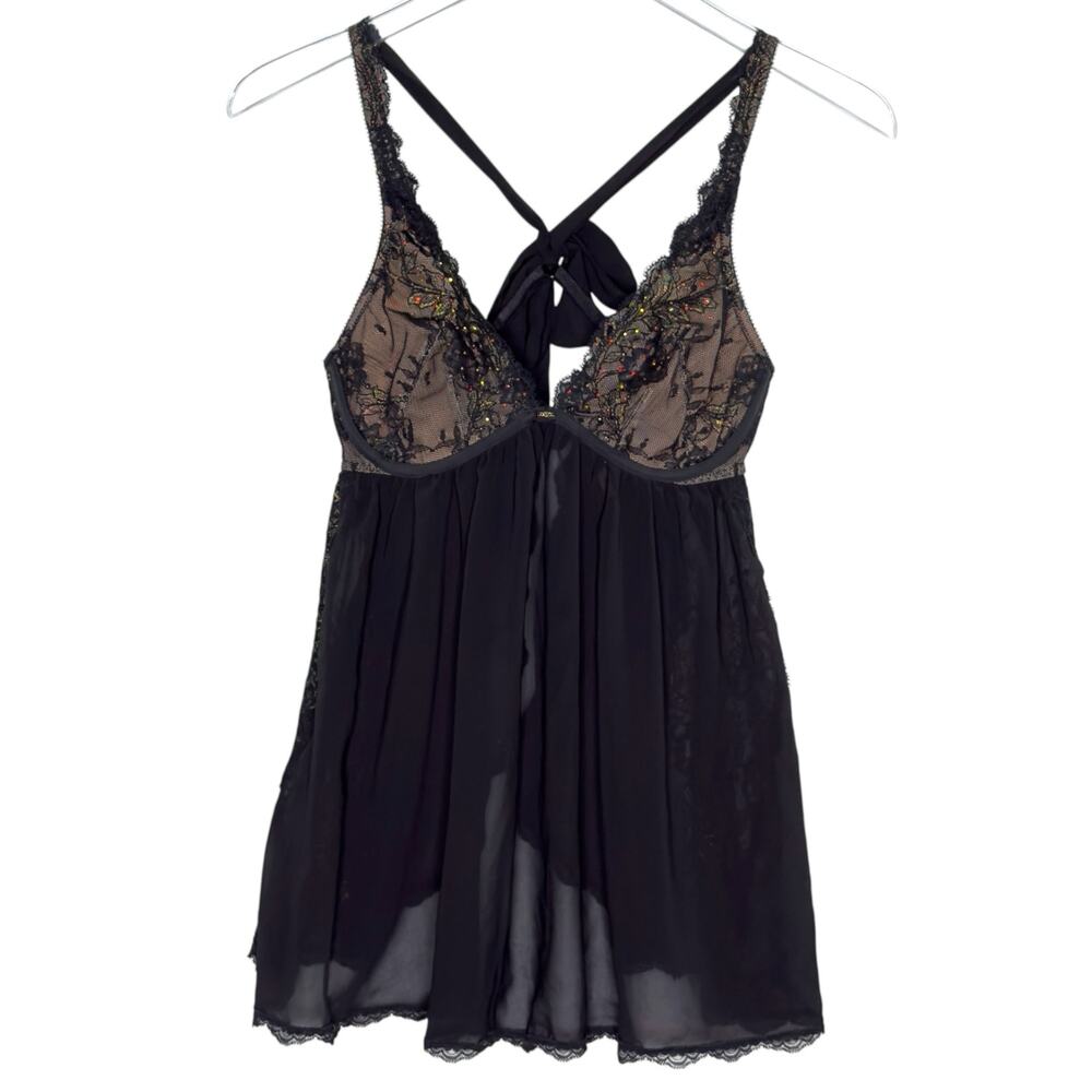 Victorias Secret 34C NEW Babydoll Nightie Black Chiffon Leaf Embroidered Lace